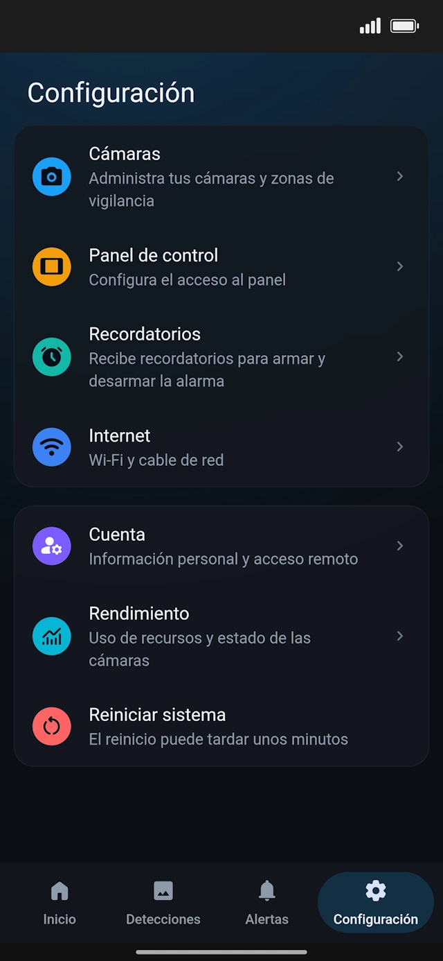 Panel de ajustes GuardianHogar
