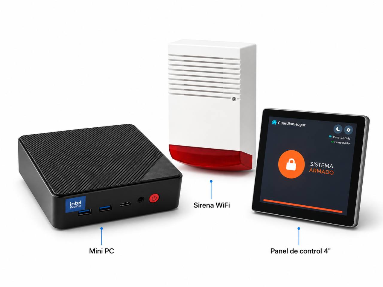 Mini PC, sirena WiFi y panel de control del kit GuardianHogar