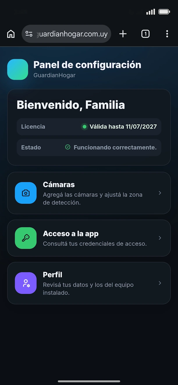 Panel de configuración GuardianHogar