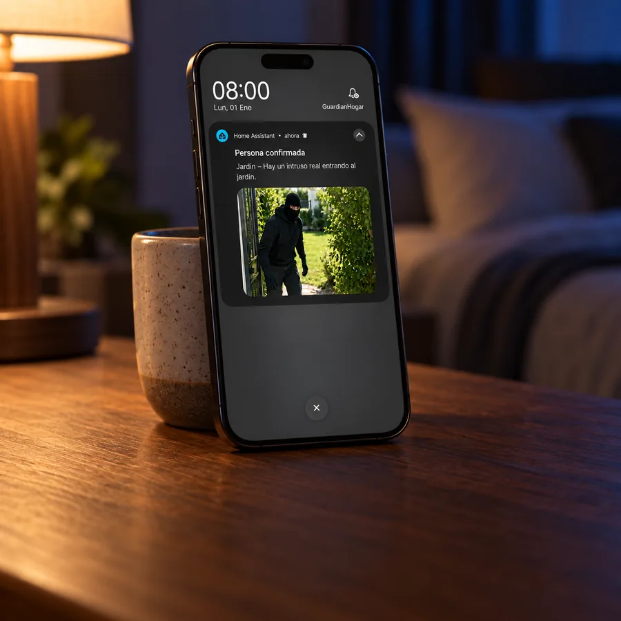Celular con una notificación de GuardianHogar y la imagen de la persona detectada