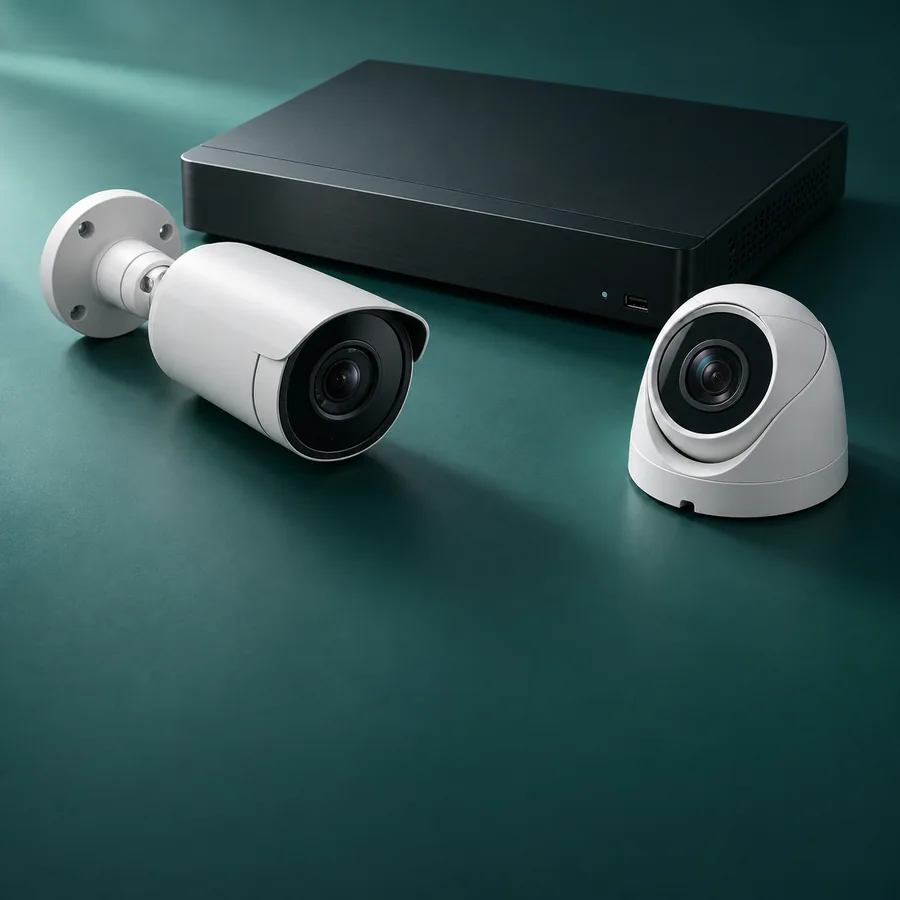 Cámaras de seguridad de distintos formatos junto a un DVR
