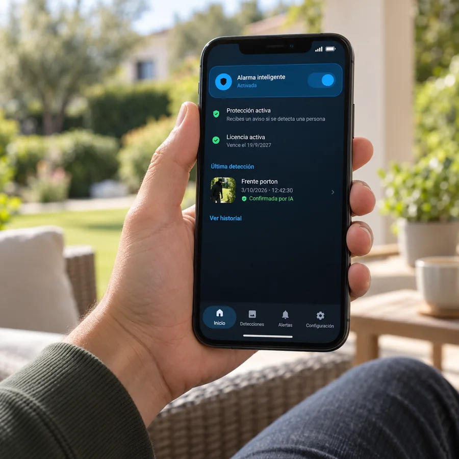 Una mano sostiene el celular con el panel de GuardianHogar abierto