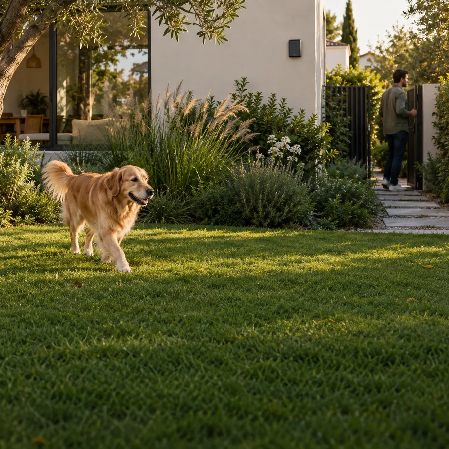 Un perro en el jardín y una persona junto al portón